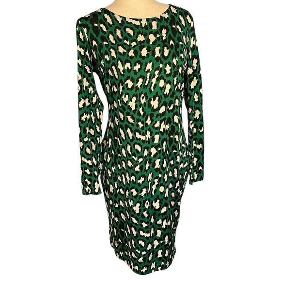Diane Von Furstenberg Green Black Leopard Print Silk Dress Long Sleeve Size 8 - Picture 2 of 8